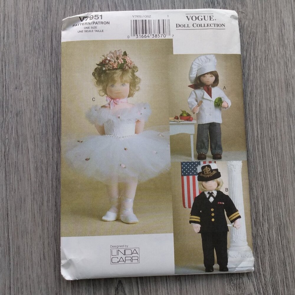 18" Doll Clothes Sewing Pattern Chef Ballerina Captain Pilot UNCUT 7951